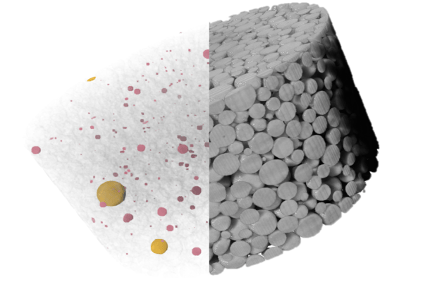 03_High resolution scan (1 μm voxel size) of AM metal powder, mapping of particles with voids (red) and impurities (yellow)