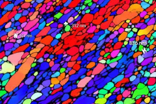 04_IPF Y map of the small area 40 × 25 μm, where grains of few hundreds of nanometers are shown analyzed at high current