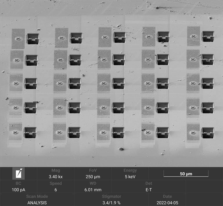 Array of TEM samples prepared automatically in trench ready for lift-out