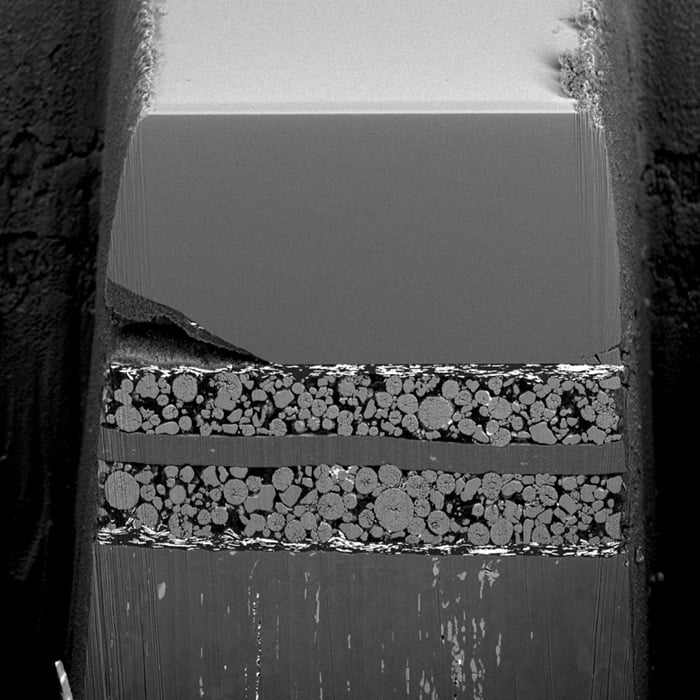 NMC cathode region prepped for 3D FIB-SEM tomography 