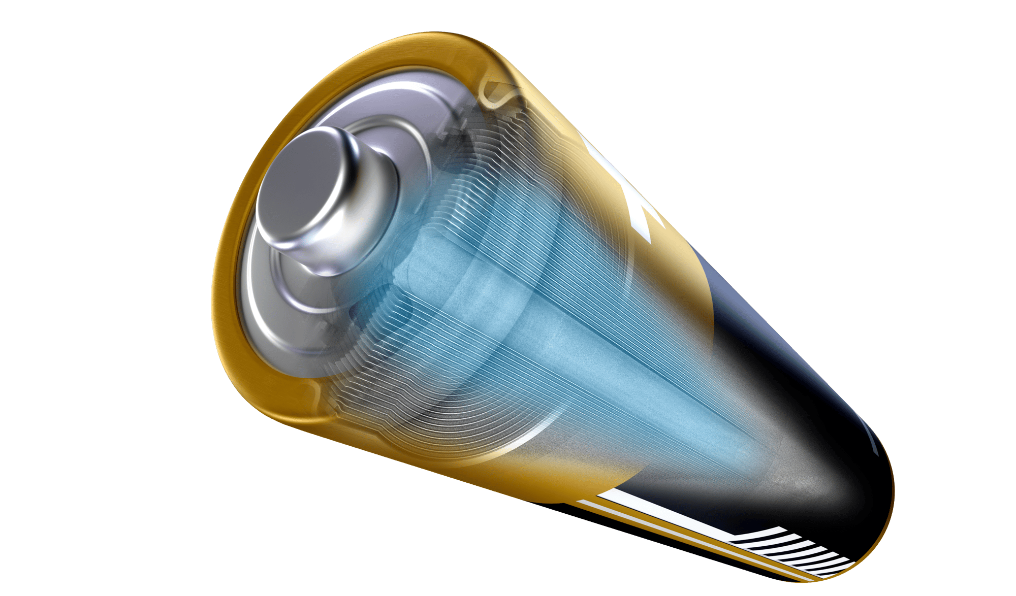 TESCAN UniTOM HR 3D visualization of cylindrical Li-ion battery showing internal electrode winding structure for non-destructive micro-CT analysis
