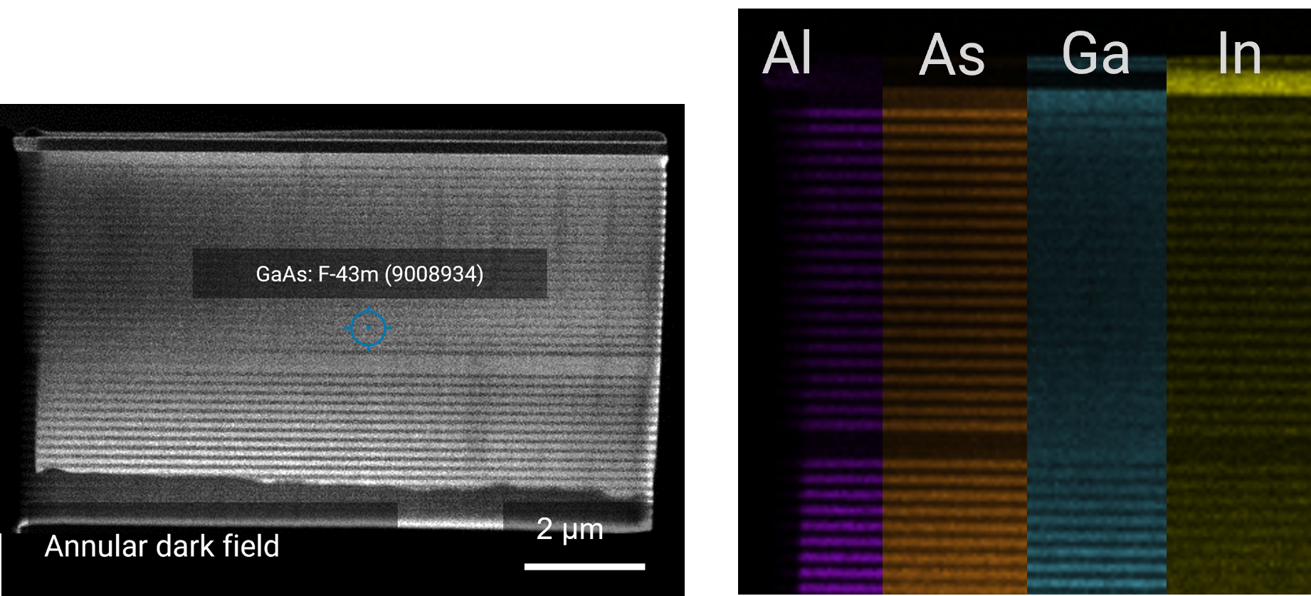 TEM image of AlGaAs-InGaAs mulitlayer material acquired with TENSOR microscope from TEM sample prepared automaticaly and EDS maps