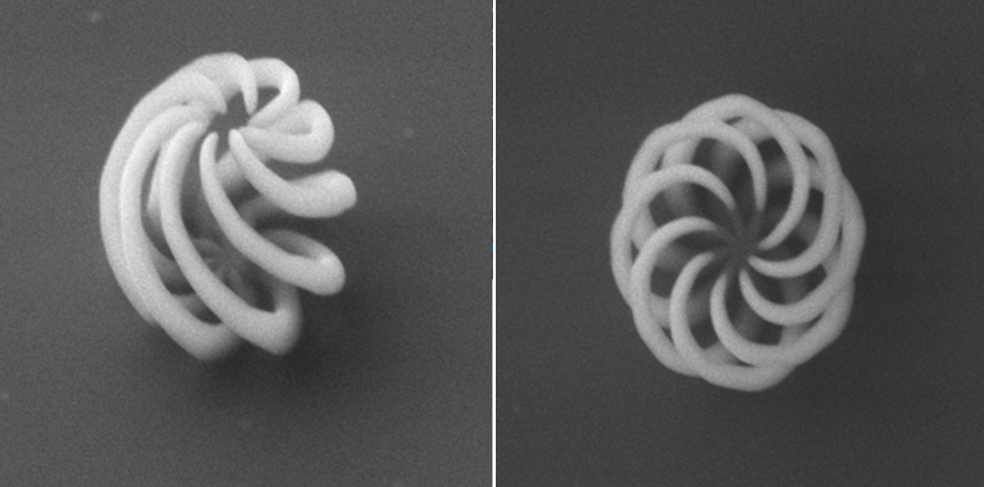 SEM image of the resulting spiral ball structure fabricated using the layer-by-layer FEBID process demonstrating the precision and complexity achievable with proximity-effect-corrected deposition