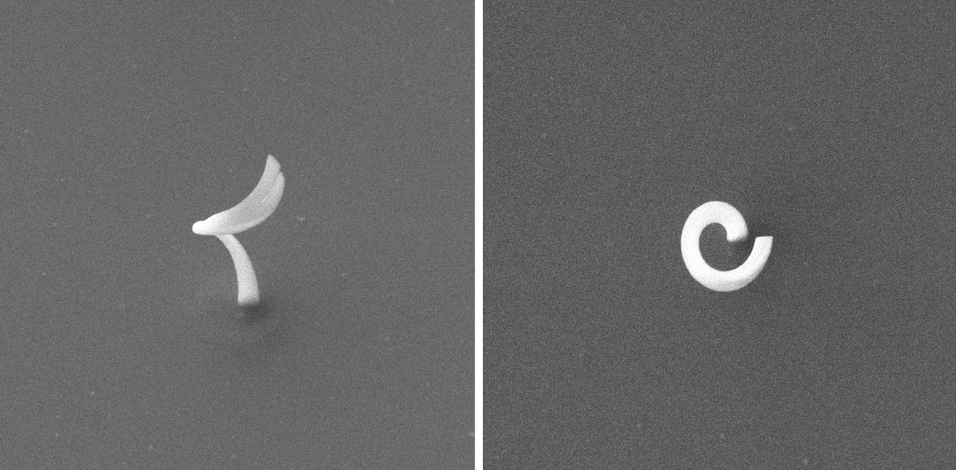 SEM image of a freestanding helix grown using a calibrated FEBID recipe generated with f3ast highlighting the capability of f3ast to produce complex 3D geometries with high fidelity