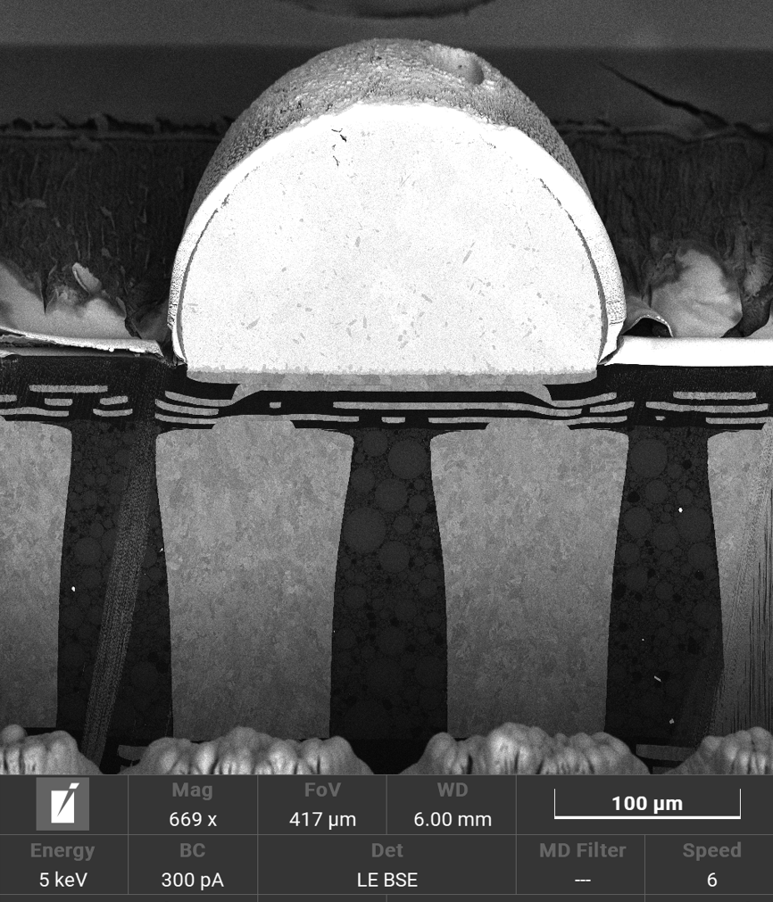 Tescan SOLARIS X 2 solder bump cross-section with Pt protection layer prepared using Plasma FIB-SEM for package inspection