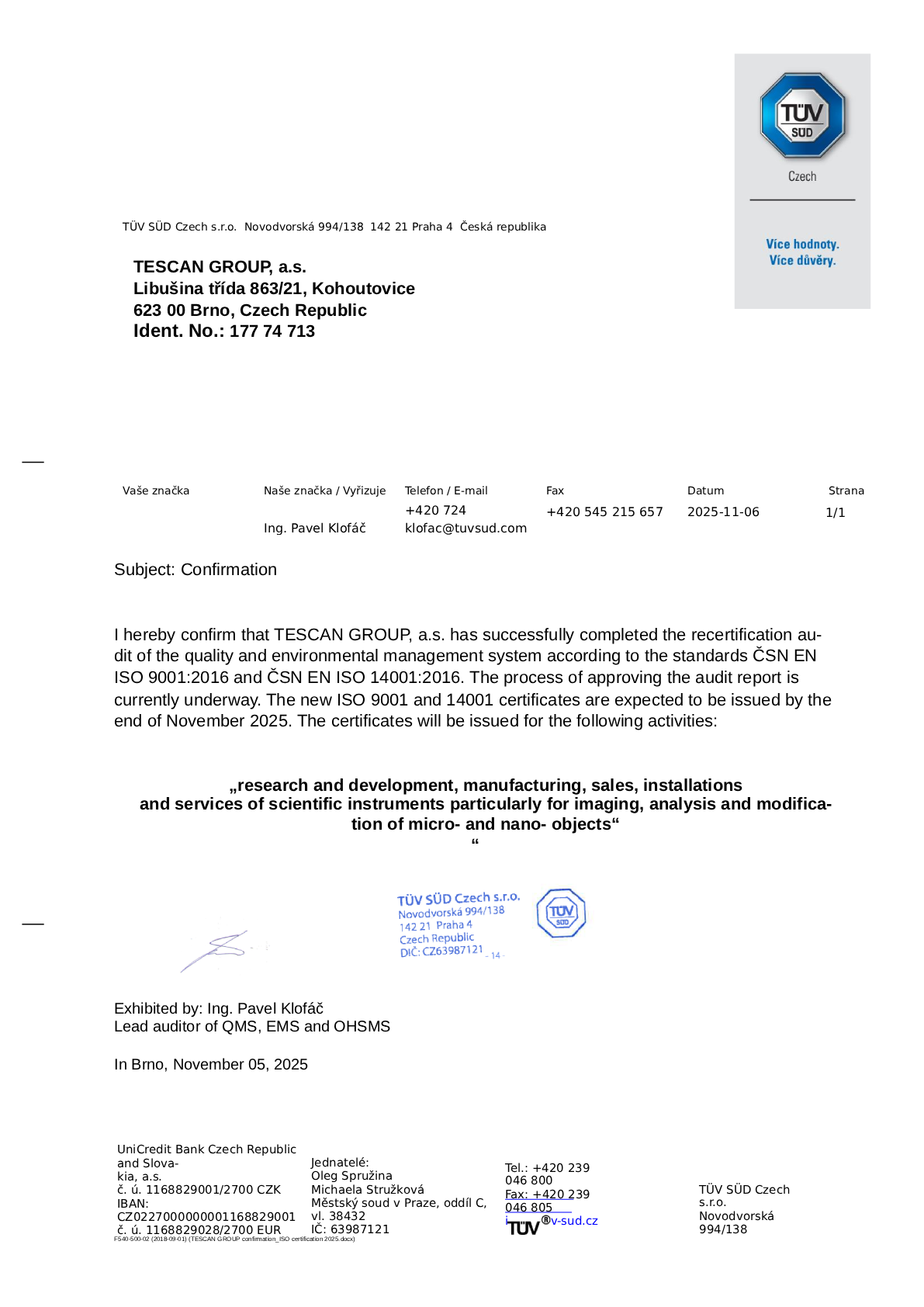 TESCAN GROUP confirmation_ISO certification 2025