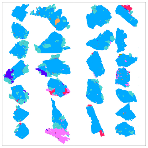 Cassiterite (blue) hosting particles obtained from HPGR (left) and ball mill (right).