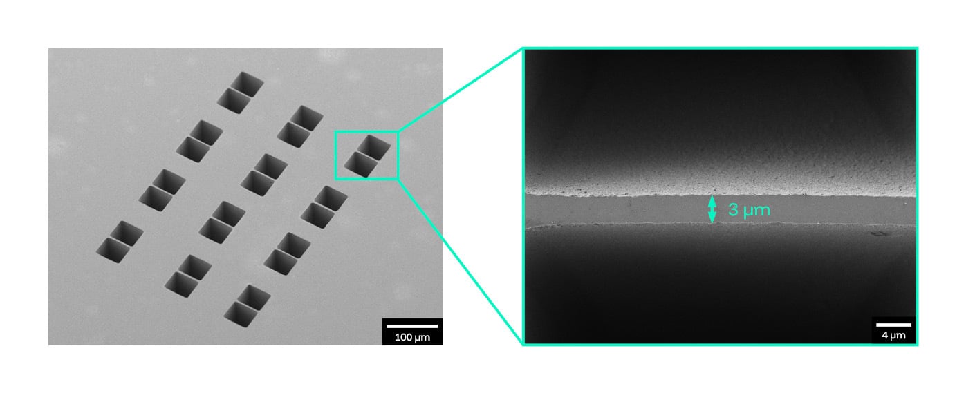 TEM Sample Prep | 50 µm × 50 µm x 100 µm deep Trenches with 3 µm thickness bridge in ~30 Seconds. All 12 trenches can be machined in <7 minutes.