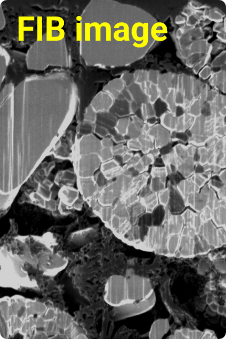 TOF-SIMS analysis of NMC Li Battery cathode showing Li, C, O, and F elemental maps.