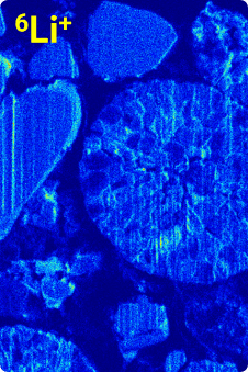 TOF-SIMS analysis of NMC Li Battery cathode showing Li, C, O, and F elemental maps.