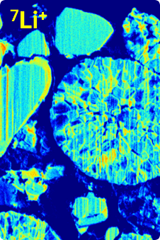TOF-SIMS analysis of NMC Li Battery cathode showing Li, C, O, and F elemental maps.