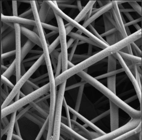 High-resolution SEM image of polymer nanofibers captured with TESCAN MIRA XR UHR SEM for materials science applications.