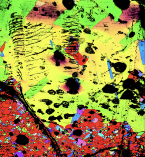 Large-area EBSD map acquired without stitching using TESCAN MIRA XR UHR SEM for crystallographic analysis in materials research.